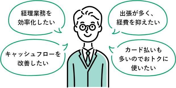 「経理業務を効率化したい」「キャッシュフローを改善したい」「出張が多く、経費を抑えたい」「カード払いも多いのでおトクに使いたい」