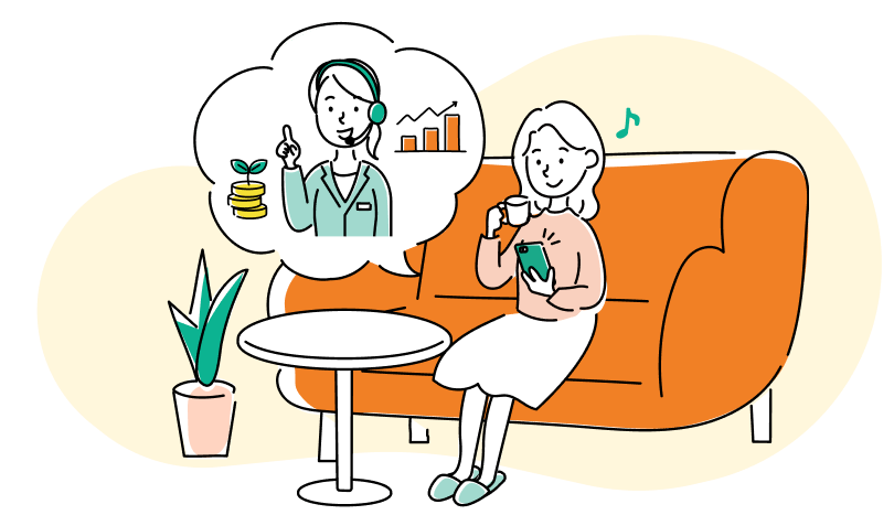 自宅からオンラインつみたてCaféを利用している女性のイラスト