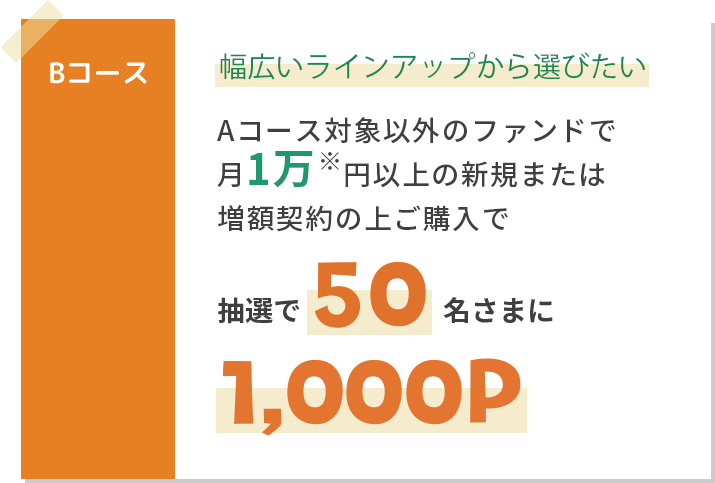 Bコース幅広いラインアップから選びたいAコース対象以外のファンドで月1万※円以上の新規または増額契約の上ご購入で抽選で50名さまに1000P