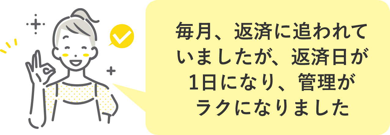 毎月、返済に追われていましたが、返済日が1日になり、管理がラクになりました