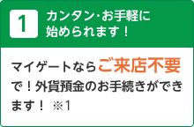 1 カンタン・お手軽に 始められます! マイゲートならご来店不要で!外貨預金のお手続きができます! ※1