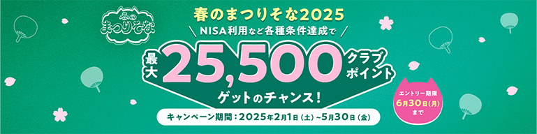春のまつりそな2025 NISA利用など各種条件達成で最大25,500クラブポイントゲットのチャンス！キャンペーン期間：2025年2月1日（土）～5月30日（金）エントリー期間6月30日（月）まで