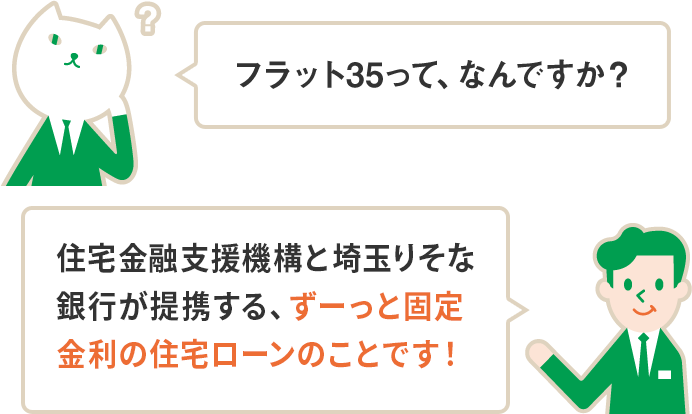 フラット35って、なんですか？ 住宅支援機構と埼玉りそな銀行が提携する、ずーっと固定金利の住宅ローンのことです！