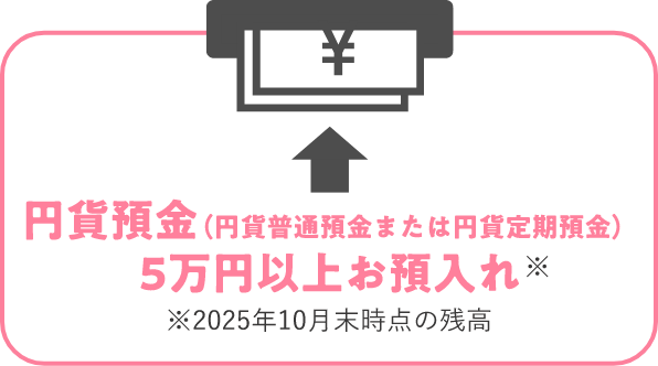 円貨預金(円貨普通預金または円貨定期預金) に5万円以上お預入れ ※ ※2025年10月末時点の残高