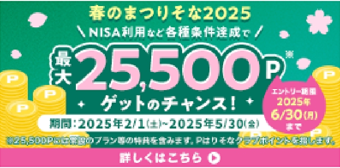春のまつりそな2025 NISA利用など各種条件達成で 最大25,500Pゲットのチャンス！エントリー期限6/30（月）までキャンペーン期間：2025年2/1（土）~2025年5/30（金）詳しくこちら