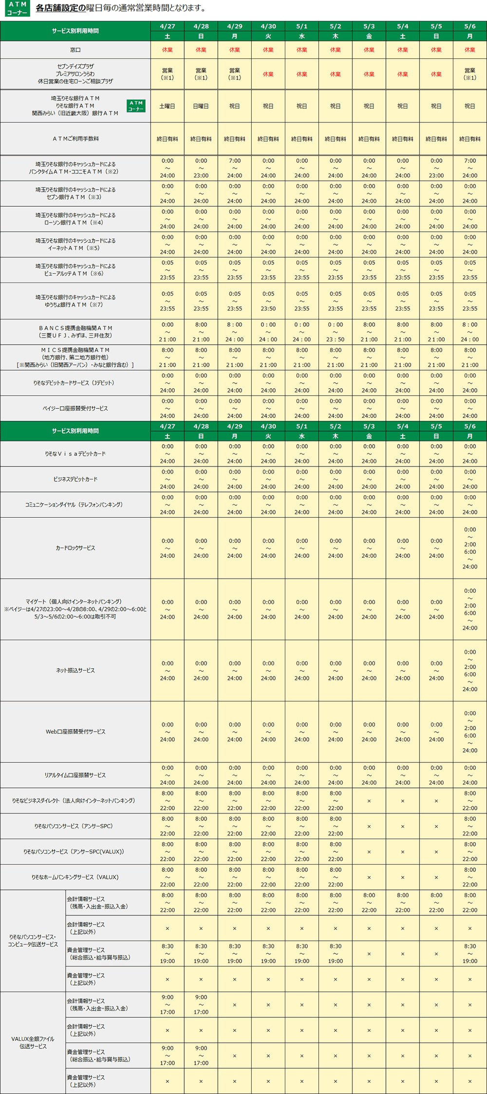 ゴールデンウィーク期間中の営業時間・各種サービスご利用時間のお知らせ（2019年度）