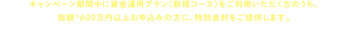 キャンペーン期間中に資金運用プラン（新規コース）をご利用いただく方のうち、総額※600万円以上お申込みの方に、特別金利をご提供します。※総額とは、投資信託またはりそなファンドラップのご購入・ご契約金額と円定期預金のお預入金額の合計金額を指します。