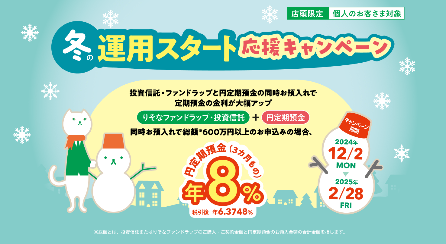 冬の運用スタート応援キャンペーン 投資信託・ファンドラップと円定期預金の同時お預入れで定期預金の金利が大幅アップ