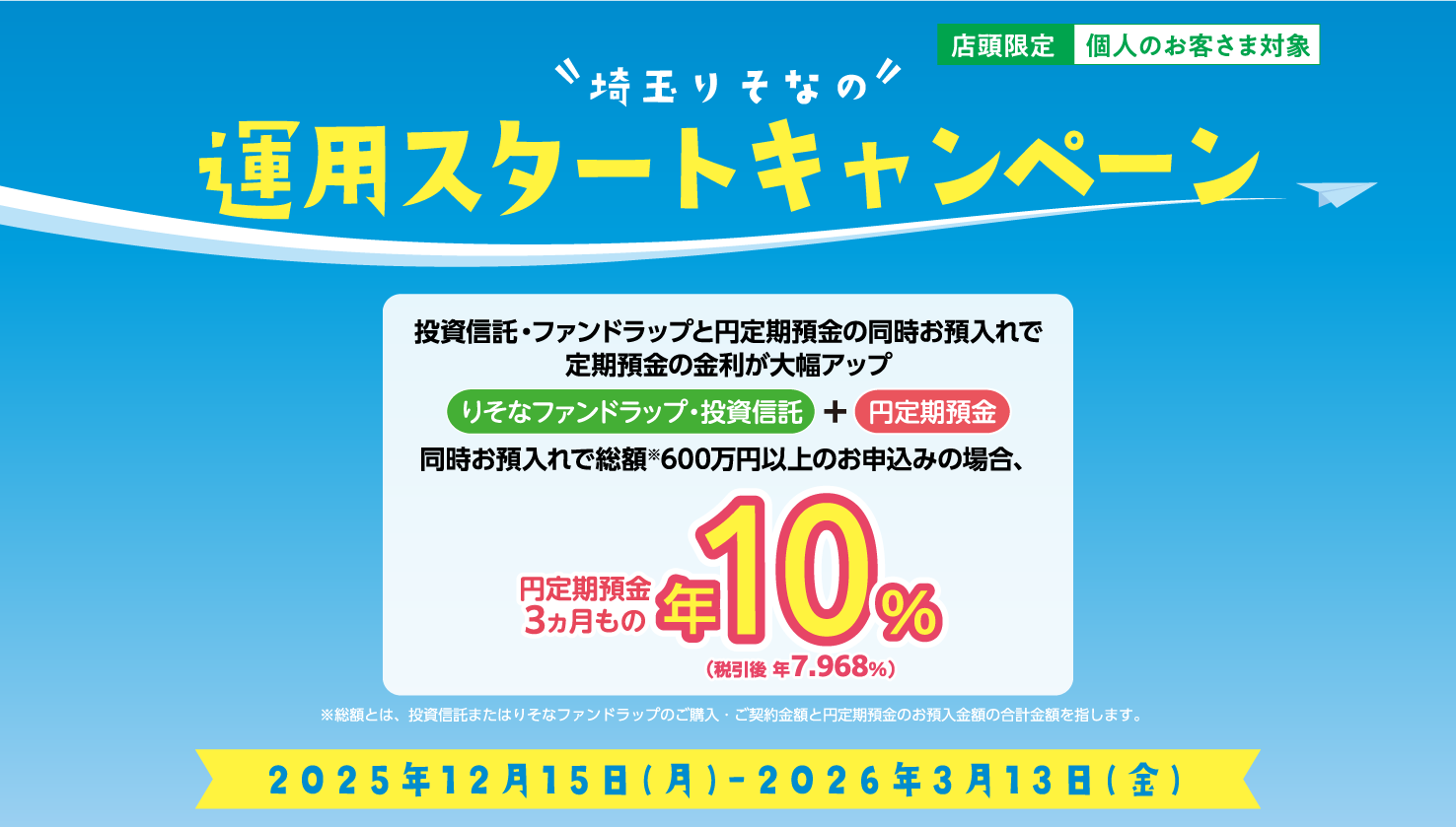 埼玉りそなの運用スタートキャンペーン 投資信託・ファンドラップと円定期預金の同時お預入れで定期預金の金利が大幅アップ