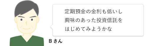 Bさん 定期預金の金利も低いし興味のあった投資信託をはじめてみようかな