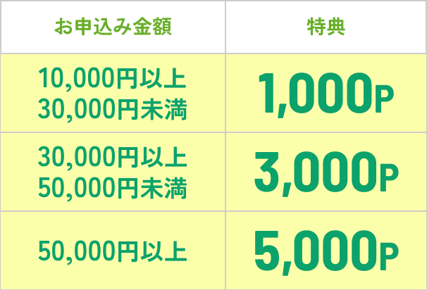お申込み金額 10,000円以上30,000円未満 特典1,000P 30,000円以上50,000円未満 特典3,000P 50,000円以上 特典5,000P