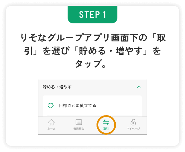 STEP1 りそなグループアプリ画面下の取引を選び貯める・増やすをタップ。