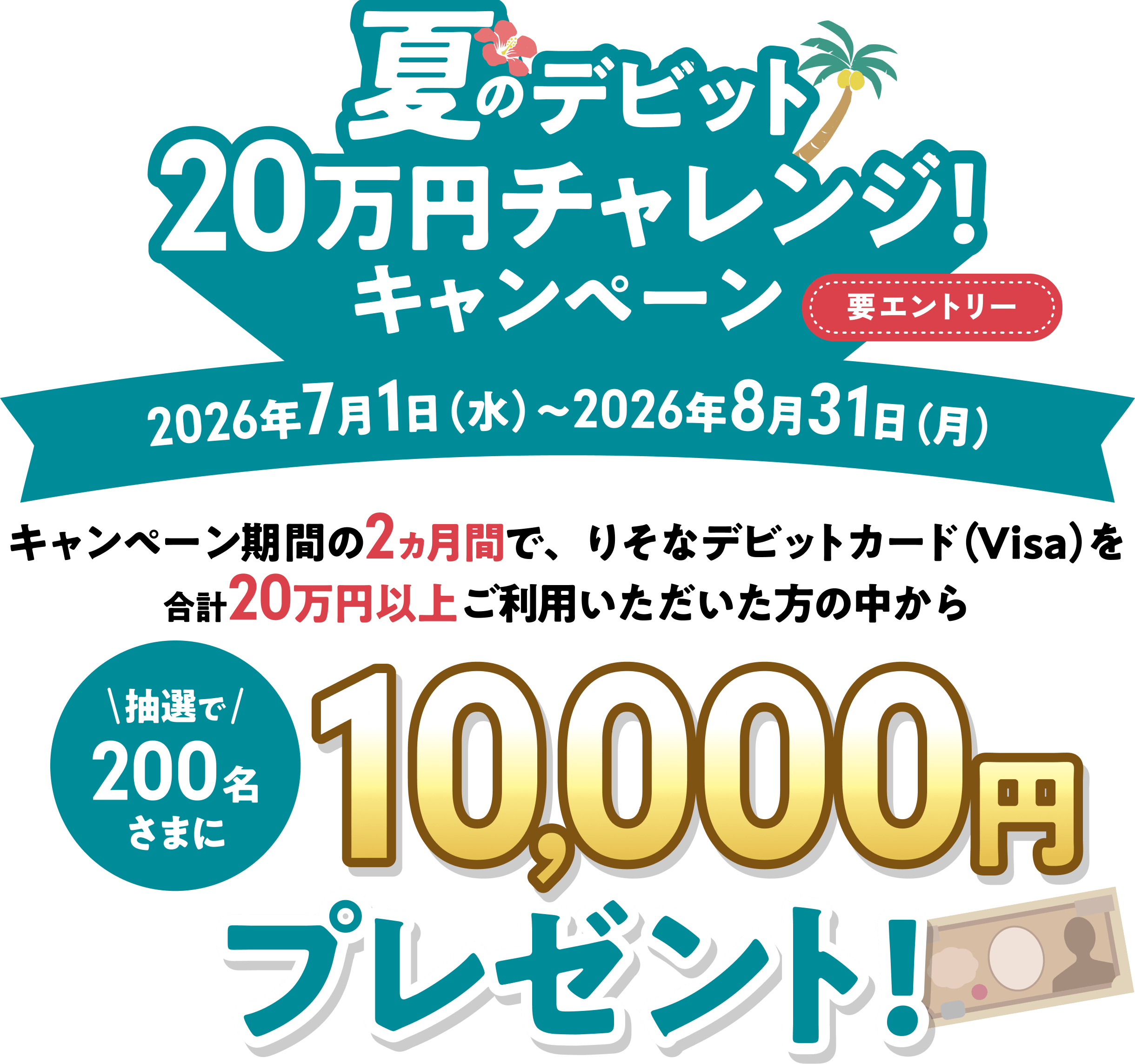 2026年7月1日から2026年8月31日まで。キャンペーン期間中の2か月間で、りそなデビットカード Visaを合計20万円以上ご利用いただいた方の中から、抽選で200名さまに10,000円プレゼント。