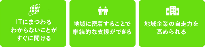 ・ITにまつわるわからないことがすぐに聞ける・地域に密着することで支援ができる・地域企業に自走力を高められる