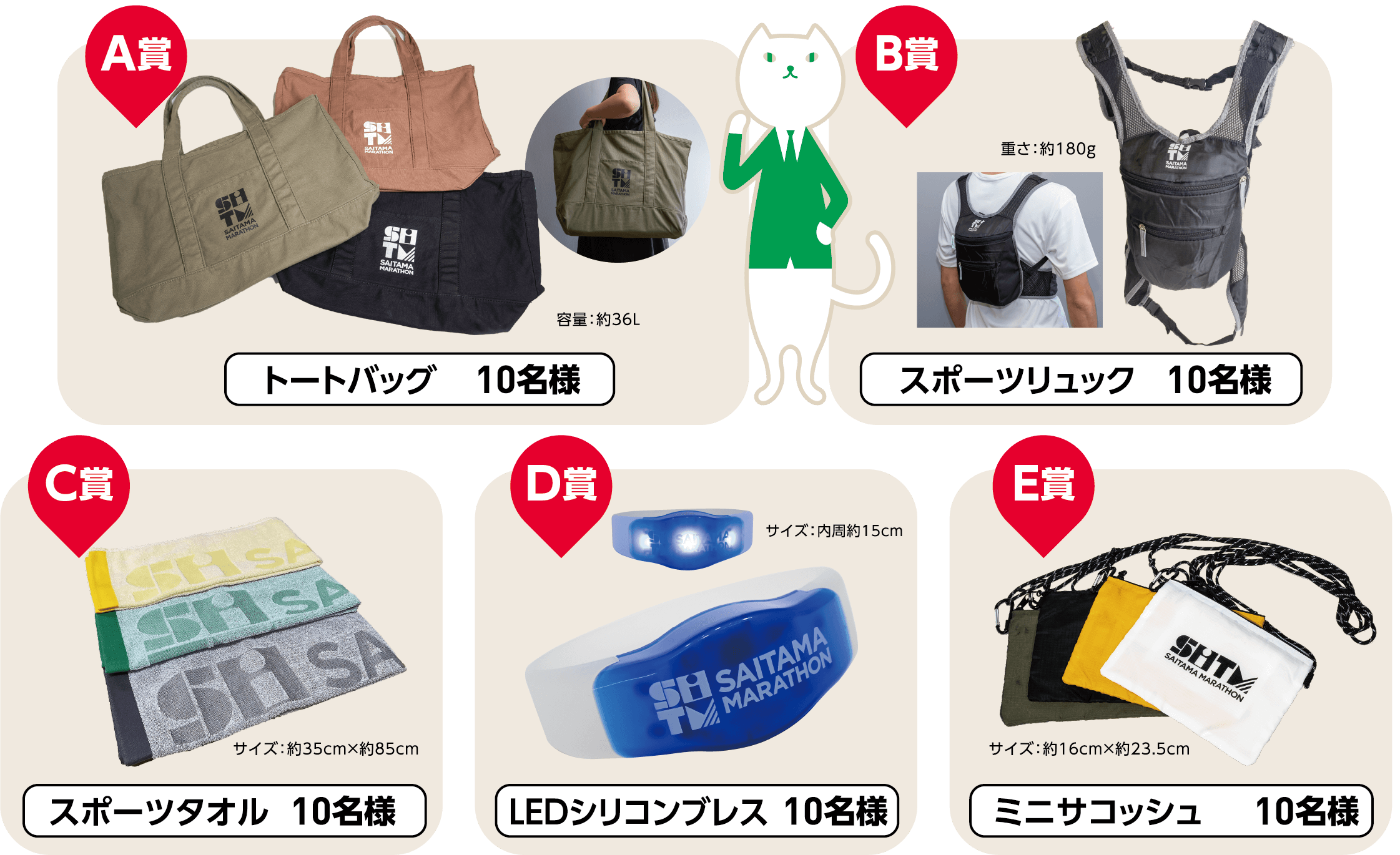 A賞はトートバッグ10名様、B賞はスポーツリュック10名様、C賞はスポーツタオル10名様、D賞はLEDシリコンブレス10名様、E賞はミニサコッシュ10名様