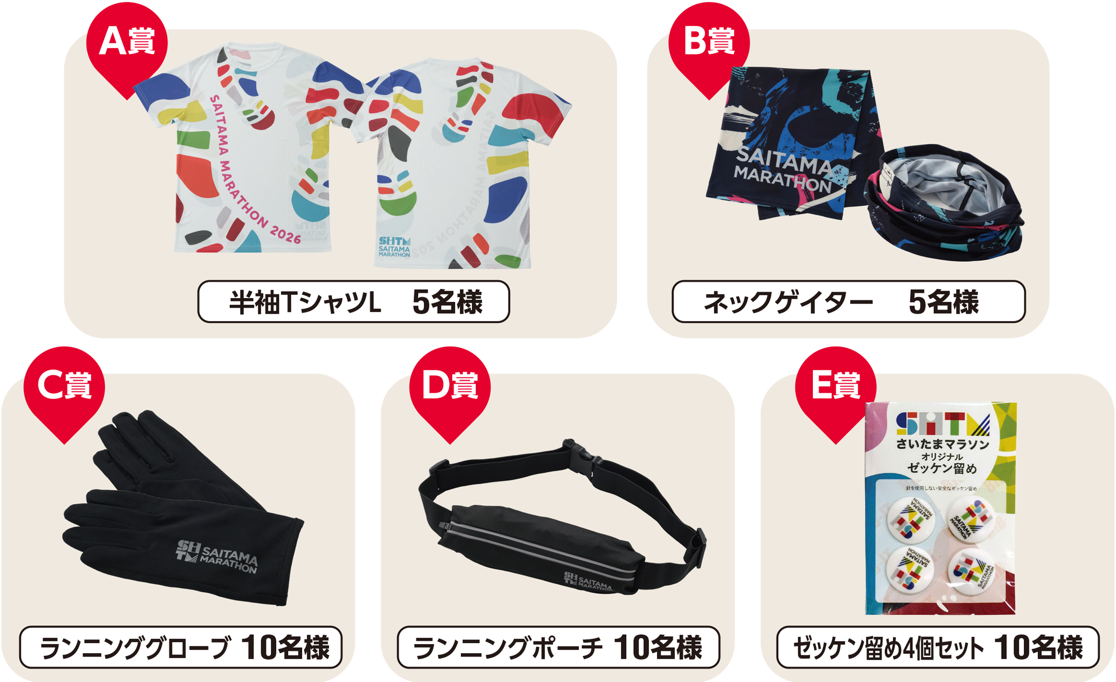 A賞はトートバッグ10名様、B賞はスポーツリュック10名様、C賞はスポーツタオル10名様、D賞はLEDシリコンブレス10名様、E賞はミニサコッシュ10名様