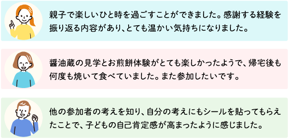 参加者からいただいた声「親子で楽しいひと時を過ごすことができました。感謝する来体験を振り返る内容があり、とても温かい気持ちになりました。」「醤油蔵の見学とお煎餅体験がとても楽しかったようで、帰宅後も何度も焼いて食べていました。また参加したいです。」「他の参加者の考えを知り、自分の考えにもシールを貼ってもらえたことで、子どもの自己肯定感が高まったように感じました。」