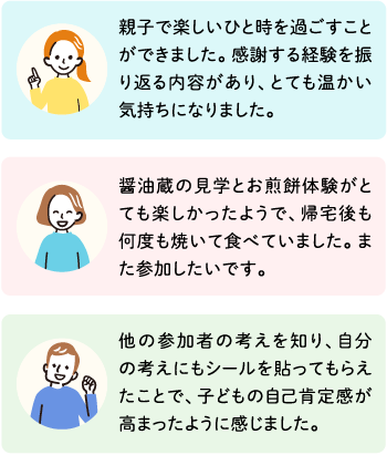 参加者からいただいた声「親子で楽しいひと時を過ごすことができました。感謝する来体験を振り返る内容があり、とても温かい気持ちになりました。」「醤油蔵の見学とお煎餅体験がとても楽しかったようで、帰宅後も何度も焼いて食べていました。また参加したいです。」「他の参加者の考えを知り、自分の考えにもシールを貼ってもらえたことで、子どもの自己肯定感が高まったように感じました。」