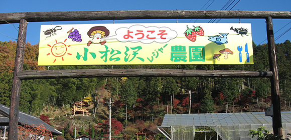 木製の門に掲げられた「ようこそ 小松沢レジャー農園」と書かれた看板。果物や昆虫などのイラストが描かれ、背後に山の木々が見える。